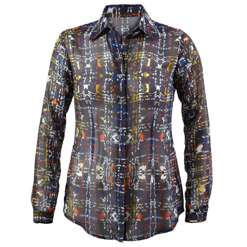 Cabi Printed Festival button down blouse Semi Sheer Party